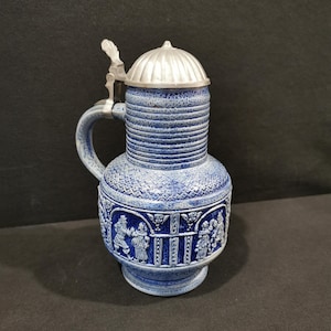 Beer Mug Beer Stein Jug Vase Vintage Gerz Beer Stein Relief Pewter Lid