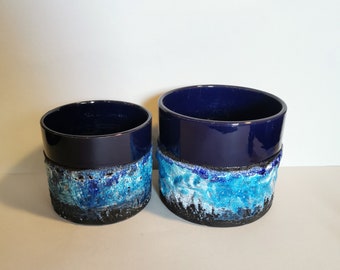 Set of 2 original, exceptional 70s planter flower pot wgp blue West Germany Marei Capri Fat Lava