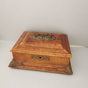 Jewelry box embossed leather box lidded box vintage box brass sheet