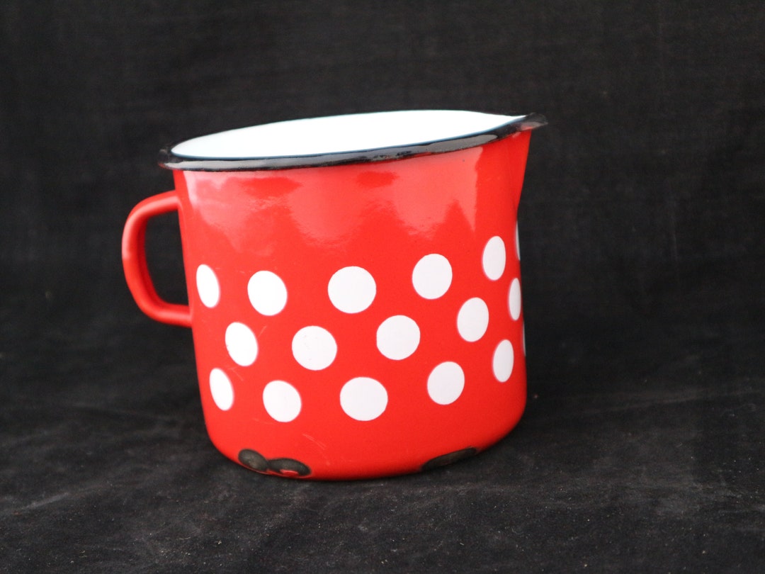 Vintage Enamel Cup Plant Pot Red With Dots Polka Dots Jug Etsy