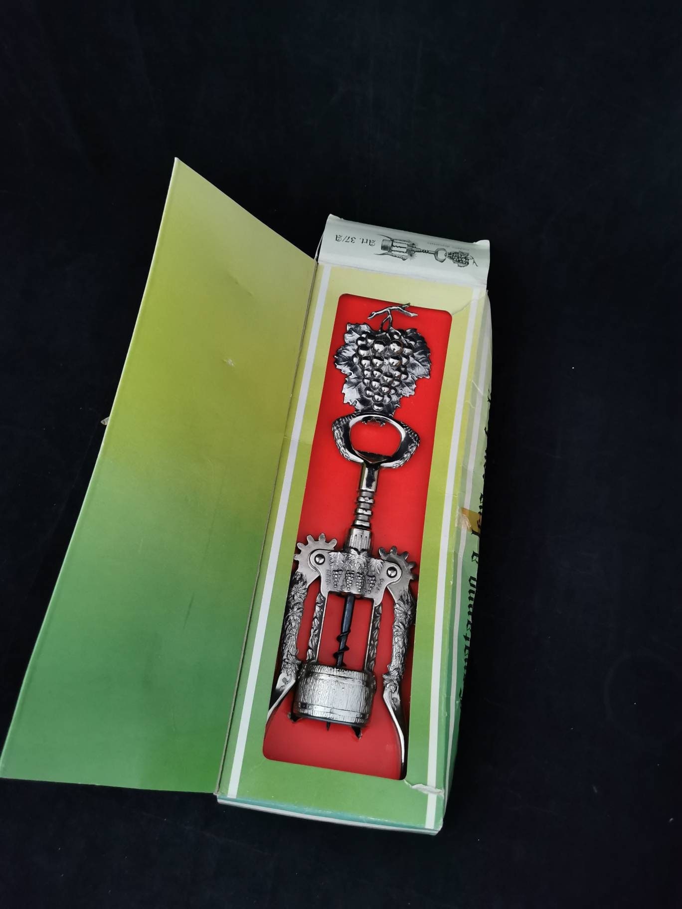 Vintage metal bottle opener 50s shabby corkscrew bottle opener with beautiful vine/grape pattern and wine barrel
