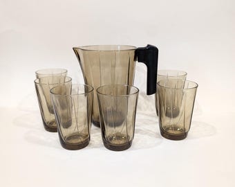 Glazenset jaren 50 gerookt glas sapglazen karaf Frankrijk
