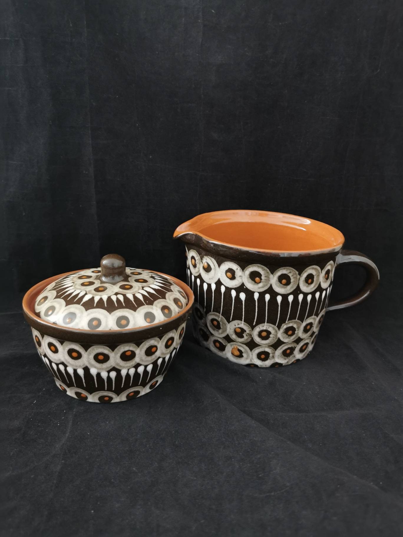 Ceramic Set Pot Lid Jar Peacock Eye Milk Jug Pitcher Vintage