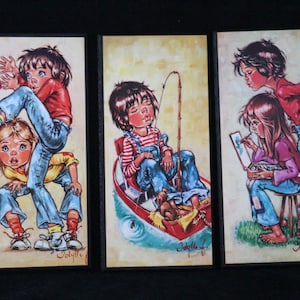 3x Vintage picture 70s children&#39;s pictures F. Idyll Big Eye Art 1960 print on chipboard Jolylle