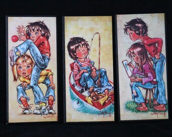 3x vintage picture 70s children's pictures F. Idyll Big Eye art 1960 print on chipboard Jolylle