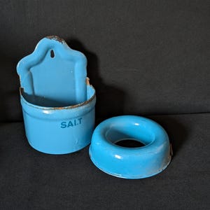Vintage enamel salt container and baking dish shabby decoration rare blue enamel