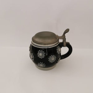 Old beer mug with tin lid, ceramic, vintage, marked Werner Corzelius, made in West Germany