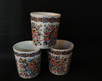 Cepelia Opole Becher Set Handbemalte 3x Tasse Kaffeepott Vintage Porzellan Made in Poland Jahr Blumen bunt