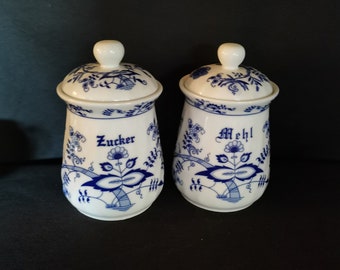 Lidded porcelain 2 pieces flour and sugar storage jar vintage tin