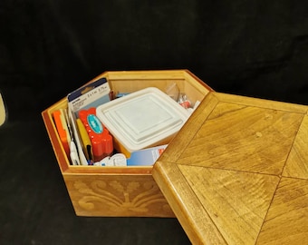 Old jewelry box, sewing box, wooden box, jewelry box, wood, hand-carved, inlays, including sewing utensils and buttons