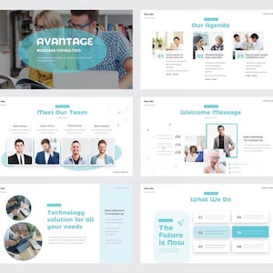Puede incluir: Una plantilla de presentación digital para consultoría empresarial con seis diapositivas con detalles en azul claro. Las diapositivas incluyen secciones tituladas AVANTAGE, Our Agenda, Meet Our Team, Welcome Message, Technology solution for all your needs y The Future is Now.