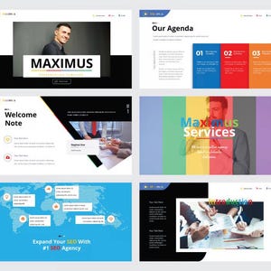 May include: A digital presentation template titled Maximus featuring six slides with business-themed layouts, including a title slide with a person, agenda slides with numbered columns, service descriptions, a world map, and meeting imagery.