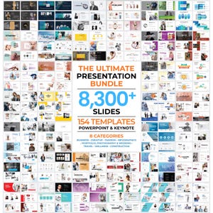 May include: A digital presentation bundle featuring over 8,300 slides across 154 templates for PowerPoint and Keynote. The collection includes 8 categories: business, creative, fashion, infographics, portfolio, photography, wedding, travel, wellness, and construction.