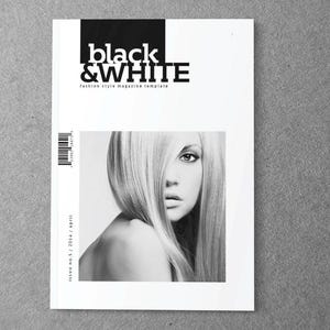 Può includere: Una copertina di modello di rivista intitolata black & white fashion style magazine template con una fotografia in bianco e nero di una persona con capelli lunghi che coprono un occhio. La copertina include un codice a barre e il testo issue no. 5 / 2014 / april.