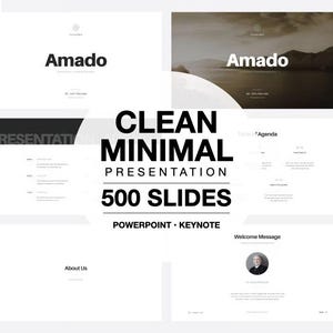 Könnte beinhalten: Ein digitales Präsentationsvorlagen-Set mit 500 Folien, kompatibel mit PowerPoint und Keynote. Das Layout umfasst verschiedene Foliendesigns mit dem Text Amado, Agenda, About Us und Welcome Message in Schwarz und Weiß.