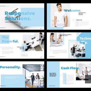 Puede incluir: Una plantilla de presentación digital con seis diapositivas en un esquema de color azul claro y blanco. Las diapositivas contienen varias fotografías de temática empresarial, texto de marcador de posición y encabezados como Responsive Solutions, The Powerful, Technology, Personality y Cash Flow.
