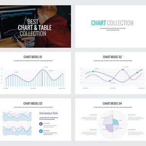 May include: A digital presentation template titled Best Chart & Table Collection featuring various data visualization slides. The layout includes Chart Model 01, 02, 03, and 04, displaying line graphs, bar charts, and a radar chart with blue and purple accents.