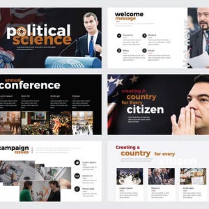 Op de afbeelding: Een digitale presentatiesjabloon met zes dia's met politieke thema's. De dia's bevatten tekst zoals political science, welcome message, annual conference, creating a country for every citizen en campaign issues met tijdelijke afbeeldingen.