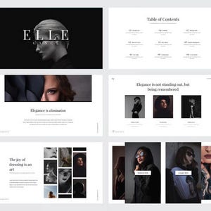 May include: A digital presentation template featuring a black and white aesthetic with typography and photography. The slides include a table of contents, text sections titled Elegance is elimination and The joy of dressing is an art, and various portrait images of individuals in dark, moody lighting.