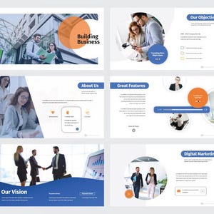 Puede incluir: Una plantilla de presentación de negocios profesional con seis diapositivas en un esquema de color azul y naranja. Las diapositivas incluyen encabezados de texto como Building Business, Our Objective, About Us, Great Features, Our Vision y Digital Marketing.