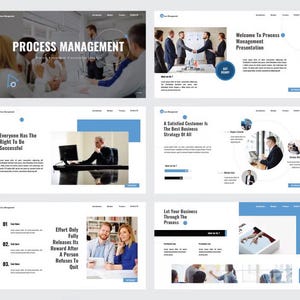 May include: A collection of six digital presentation slides for process management featuring white backgrounds, blue accents, and professional photography of business meetings, office work, and team collaboration with text overlays.