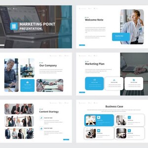 May include: A digital presentation template featuring six slides with a professional layout. The slides include sections titled Marketing Point Presentation, Welcome Note, Our Company, Marketing Plan, Content Strategy, and Business Case.