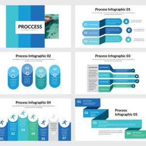Op de afbeelding: Een verzameling van zes infographic dia's met blauwe en groenblauwe kleurenschema's. De dia's tonen verschillende procesdiagrammen, waaronder genummerde lijsten, verticale balken, ovale vormen en stapsgewijze stroomdiagrammen met iconen en tekst.