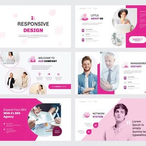 Könnte beinhalten: Eine digitale Präsentationsvorlage mit sechs Folien in einem weißen und magentafarbenen Farbschema. Das Layout enthält Abschnitte für responsives Design, Unternehmensinformationen, Managementhistorie und SEO-Dienstleistungen mit Platzhaltertext.