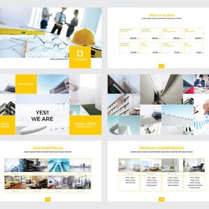 May include: A multi-page presentation template featuring a construction theme with yellow accents. The slides include a table of agenda, a portfolio section, and a product comparison grid, incorporating architectural photography and business imagery.