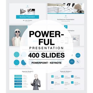 May include: A digital presentation template collection featuring 400 slides for PowerPoint and Keynote. The layout displays multiple slide examples with blue and white color schemes, including business, architecture, and agenda themes with text overlays.