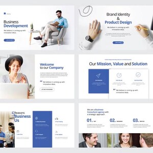 May include: A collection of six business website landing page templates featuring blue and white color schemes. The designs include sections for business development, brand identity, company welcome, mission statements, and strategic consulting services.