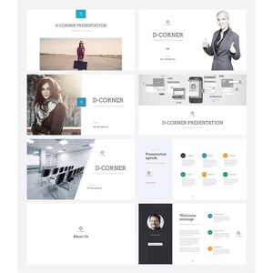 May include: A digital presentation template titled D-CORNER featuring multiple slide layouts. The slides include placeholders for imagery, text, agendas, and contact information with a clean, professional design in white, grey, and teal accents.