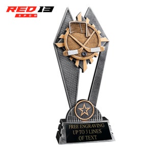May include: Silver and gold hockey trophy with a star and the text "FREE ENGRAVING UP TO 3 LINES OF TEXT".