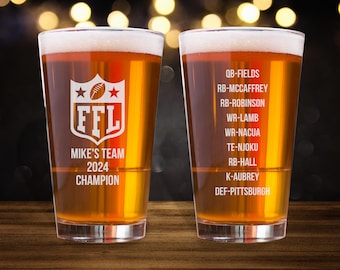 Custom Fantasy Football Roster Pint Glass, Fantasy Football Glass, Football Football Award, Fantasy Football Trophy,