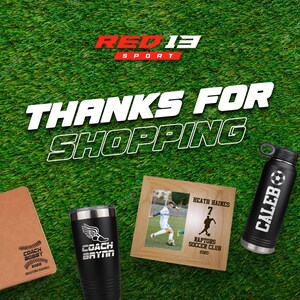 May include: A collection of personalized gifts for sports teams, including a black and silver water bottle with the name "Caleb" engraved on it, a black tumbler with the text "Coach Brynn" and a running shoe graphic, a brown leather journal with the text "Coach Bobby 2022 Rockford Baseball" and a baseball graphic, and a wooden picture frame with a photo of a soccer player and the text "Heath Haines 7 Raptors Soccer Club 2023".