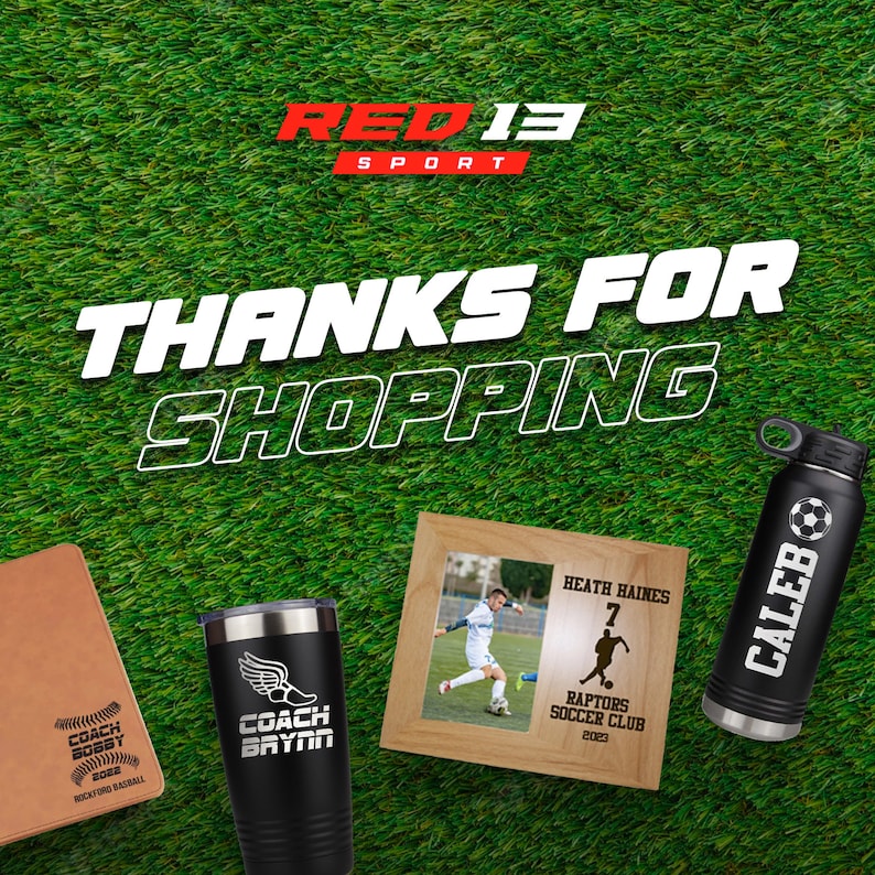 May include: A collection of personalized gifts for sports teams, including a black and silver water bottle with the name "Caleb" engraved on it, a black tumbler with the text "Coach Brynn" and a running shoe graphic, a brown leather journal with the text "Coach Bobby 2022 Rockford Baseball" and a baseball graphic, and a wooden picture frame with a photo of a soccer player and the text "Heath Haines 7 Raptors Soccer Club 2023".