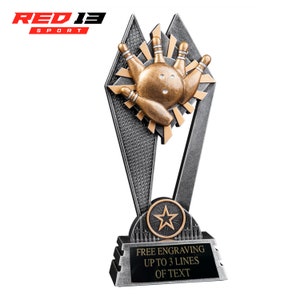 May include: Silver and gold bowling trophy with a bowling ball and pins design. The base has a star and the text "FREE ENGRAVING UP TO 3 LINES OF TEXT".