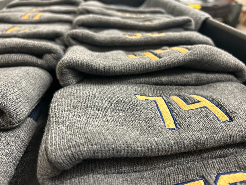 May include: A stack of gray knit beanies with a yellow embroidered number "74" on the top beanie.