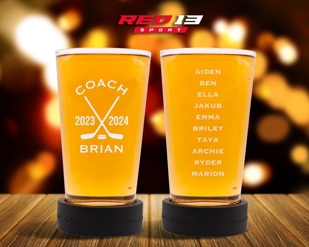 Personalized Hockey Coach Puck Cup Pint Glass Double Sided, Hockey Coach Puck Cup, Coaches Gift