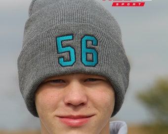 Hockey number beanie, Varsity hat, Personalized hockey hat, Jersey number hat