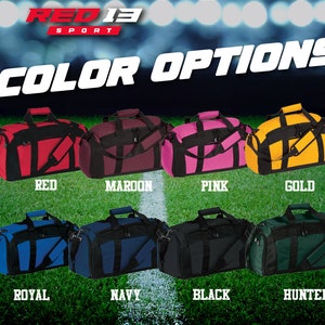 May include: A selection of duffel bags in various colors, including red, maroon, pink, gold, royal blue, navy blue, black, and hunter green. The bags are all the same style and have a black strap. The text "COLOR OPTIONS" is displayed above the bags.