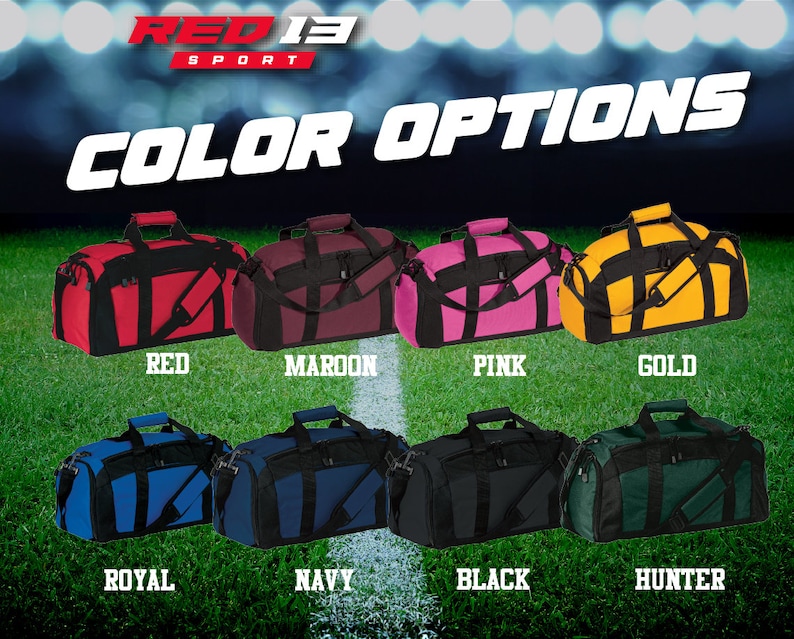 May include: A selection of duffel bags in various colors, including red, maroon, pink, gold, royal blue, navy blue, black, and hunter green. The bags are all the same style and have a black strap. The text "COLOR OPTIONS" is displayed above the bags.