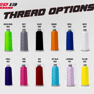 May include: A chart showing thread colors and their corresponding numbers. The colors include teal, neon green, grey, black, orange, royal blue, white, gold, navy, purple, pink, red, sky blue, lavender, and yellow.