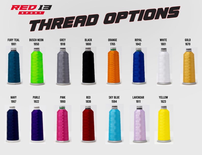 May include: A chart showing thread colors and their corresponding numbers. The colors include teal, neon green, grey, black, orange, royal blue, white, gold, navy, purple, pink, red, sky blue, lavender, and yellow.