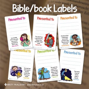 Puede incluir: Seis etiquetas rectangulares para Biblia/libro con el texto "Presented to". Cada etiqueta presenta una ilustración de dibujos animados y un versículo bíblico. Las etiquetas son blancas con texto colorido.