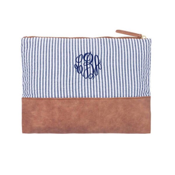 Navy Seersucker Monogram bag, cosmetic bag, cosmetic monogram bag, monogrammed bag, initial bag, seersucker bag