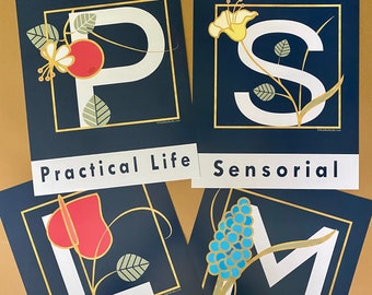 Stunning Montessori Art | Set of 4 art prints | 11"x14" | Practical Life, Sensorial, Language, Math