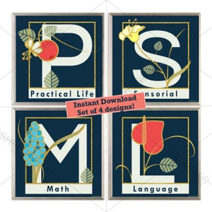 Arte de la escuela Montessori, conjunto ÚNICO de 4 impresiones artísticas, arte de pared imprimible con DESCARGA INSTANTÁNEA, Vida práctica, Sensorial, Lenguaje, Matemáticas