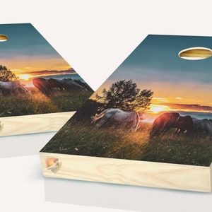 Horses at Sunset Cornhole Board Vinyl Wrap Laminated Decal Sticker Set
