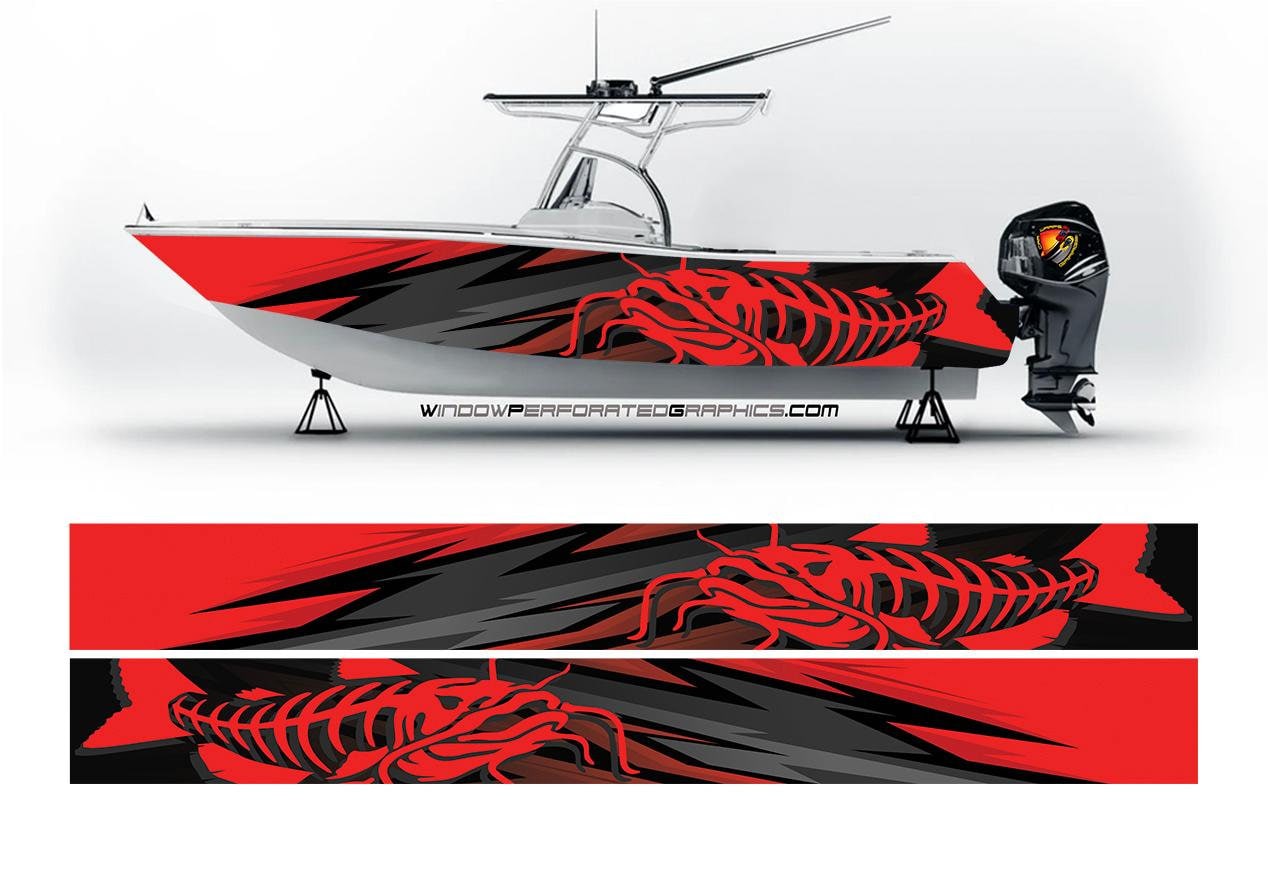 Red Catfish Graphic Vinyl Boat Wrap Decal Bass Fishing Pontoon Sportsman  Decal Watercraft Sea Water Etc.. Boat Wrap Decal 